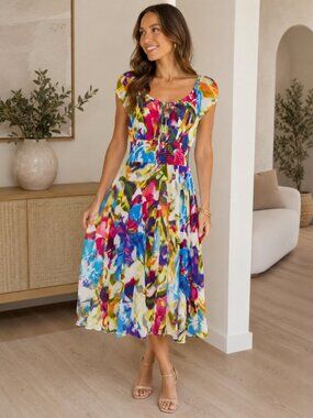 Chelsea & Theodore White Multi Print Dress Size XL Casual Workwear Dress
